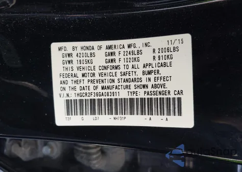 2016 Honda Accord Lx from USA, damaged, VIN 1HGCR2F36GA083911